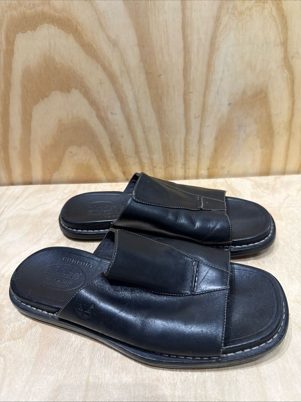 Timberland Mens Black Leather Slide Sandals Contrast Stitching  Size 9 M